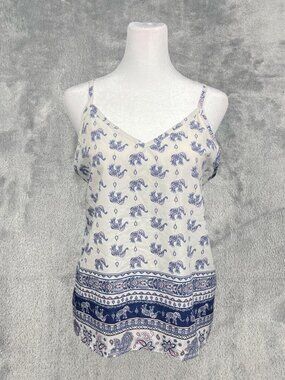 IJOAH Elephant Print Linen Blend Cami Tank Top Womens Small Boho Blue Ivory